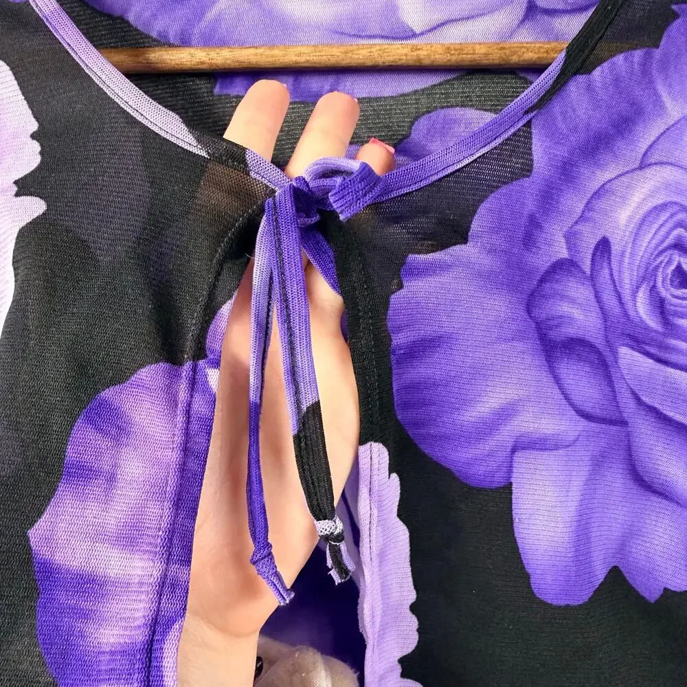 Y2K Purple All Over Floral Mesh Tie Front Top Large Rag Coverup Lettuce Hem VTG